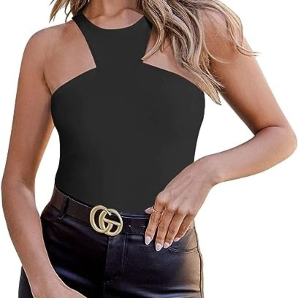 Women's Black Sexy Sleeveless Racer Back Asymmetrical Neck Bodysuit Tank Top NWT